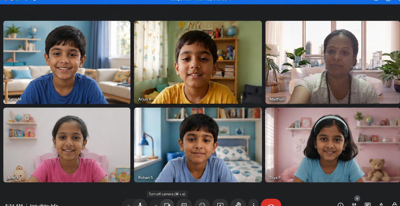 A live online Sanskrit class on Google Meet with teacher Madhuri and her students